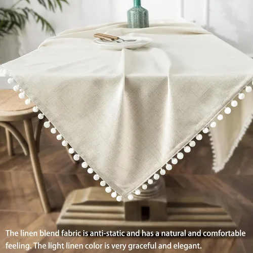 Miniatura 5 de DriftAway Mantel decorativo con borlas y pompones, de lino, rectangular, texturizado, para interiores y exteriores, comedor, buffet, cena, 55 Lino