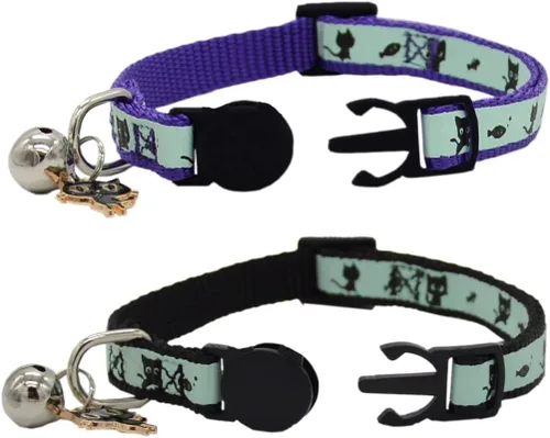 Miniatura 4 de Paquete de 2 collares para gatos que brillan en la oscuridad con campana, collares de seguridad para cachorros con colgante morado y negro