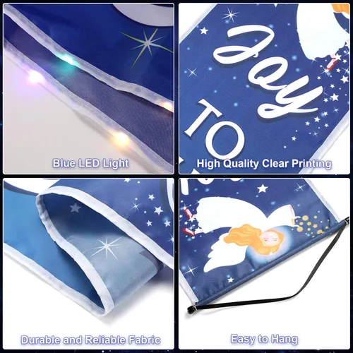 Miniatura 3 de Cartel de Navidad para puerta de Natividad con luces de alegría al mundo, pancarta azul religiosa para colgar en la puerta de la noche de Navidad