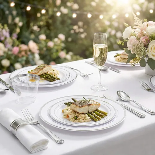Miniatura 5 de WELLIFE 350 platos de plástico plateado para 50 invitados, juego de vajilla desechable, suministros de fiesta de Navidad incluye 100 platos