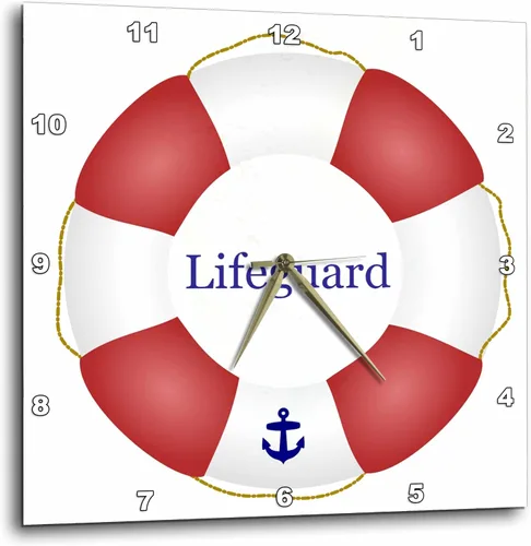 3D Rose 3dRose Lifeguard Lifesaver - Reloj de pared flotante rojo y blanco, 15 pulgadas (DPP_112970_3)