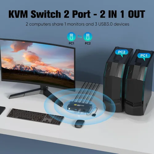 Miniatura 2 de Conmutadores KVM de 2 puertos 8K a 60Hz, interruptor KVM GREATHTEK HDMI Compartir dispositivos USB con 3 concentradores USB3.0, 2 computadoras, 1