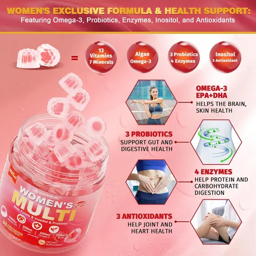 Miniatura 5 de Gomitas multivitamínicas para mujer, multivitamínico metilado para mujeres con omega-3, magnesio, enzimas, mezcla de probióticos y antioxidantes