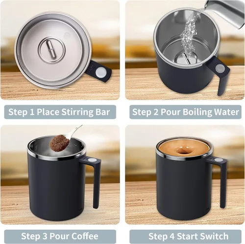 Miniatura 3 de Taza de café autoagitable, taza mezcladora eléctrica de 12.2 onzas con agitador magnético y antisedimentación, taza de viaje recargable para café