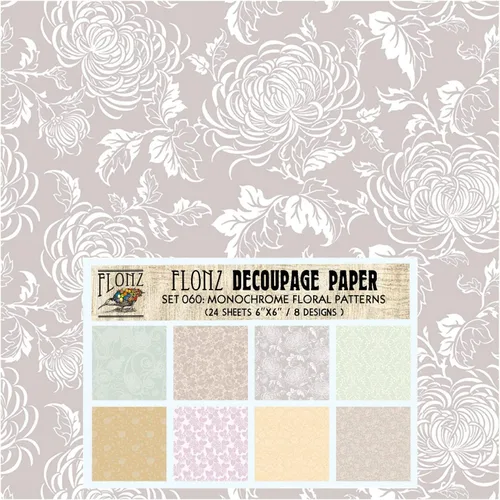 Paquete de papel para decoupage (24 hojas 15x15 cm) Patrones florales monocromáticos FLONZ papel vintage para decoupage, manualidades y álbumes de