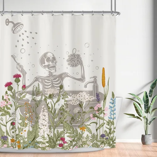 Miniatura 9 de Juego de cortinas de ducha divertidas con diseño de calavera y esqueleto de Halloween para baño, 60 pulgadas de ancho x 71 pulgadas de alto
