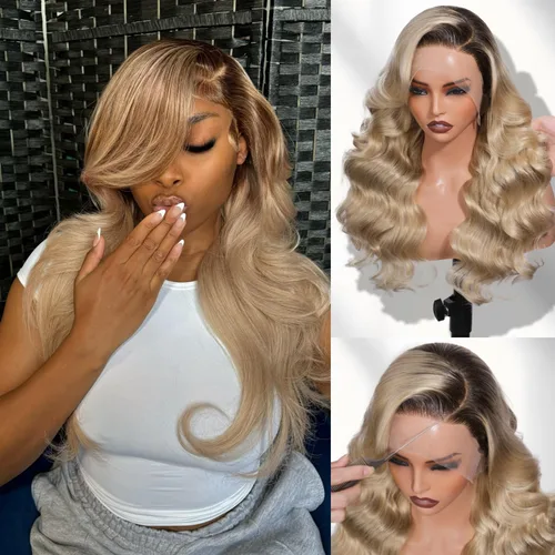 Miniatura 13 de Pelucas de cabello humano rubio ceniza de 26 pulgadas con raíces castañas ombré, color rubio ceniza, ondulado, 13 x 6, peluca de cabello humano
