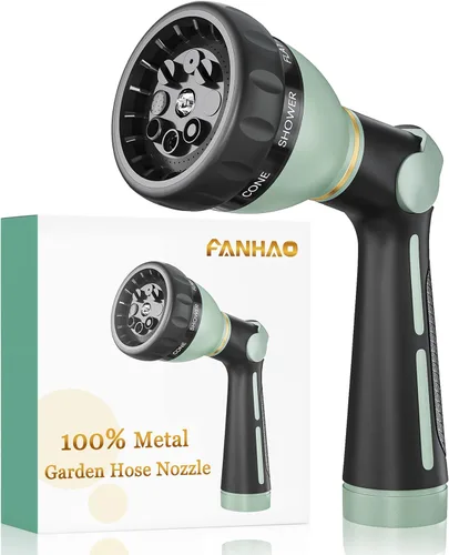 FANHAO Boquilla de manguera de jardín resistente, rociador de manguera de agua 100% metal con 8 patrones de pulverización, boquilla rociadora de