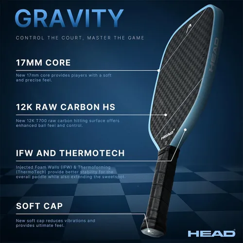 Miniatura 6 de HEAD Gravity Tour 2025 - Pala de pickleball - Superficie de carbono crudo, paleta de control, forma compacta de punto dulce, ThermoTech, paredes
