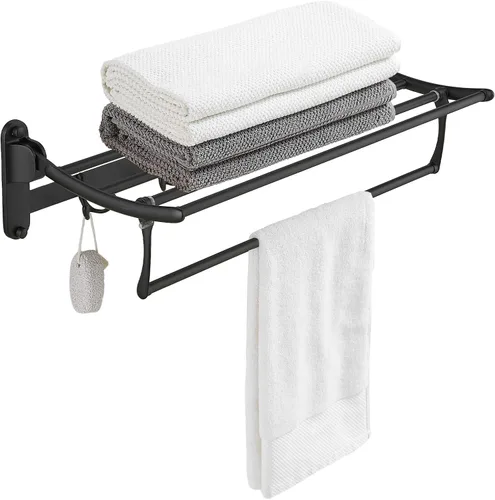 Miniatura 8 de BESy Toalleros de 24 Pulgadas en Oro Cepillado, Estante de Toallas de Baño con Barra Plegable y Ganchos para Toallas, Accesorios de Baño