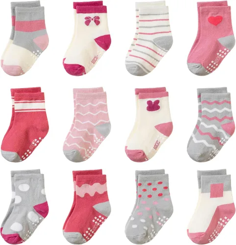 Miniatura 12 de Calcetines con Agarre Antideslizante para Niños Pequeños Calcetines de Tripulación de Algodón Anti Resbalón para Bebés Niños y Niñas 12 Pares