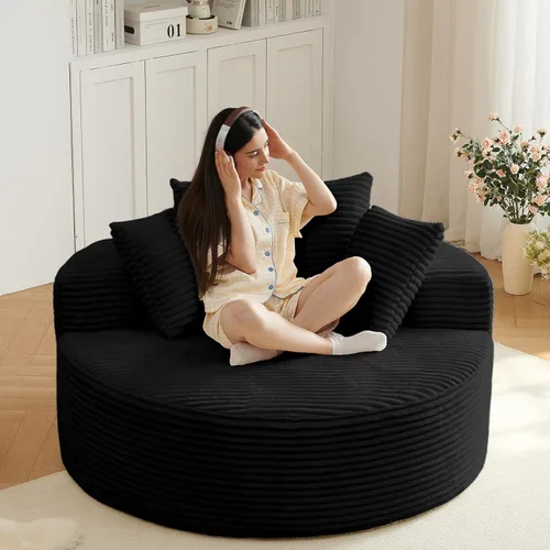 Miniatura 15 de Silla redonda de gran tamaño de 55 pulgadas, tumbona para interiores, silla circular grande sin hueso con pana de felpa, no requiere montaje, sofá