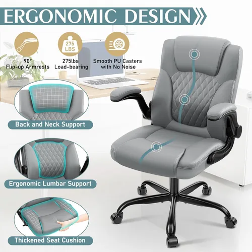 Miniatura 6 de Silla de Oficina de Cuero, Sillas de Escritorio de PU para el Hogar con Respaldo Ergonómico, Giratorias 360°, Silla Pequeña para Juegos con Ruedas