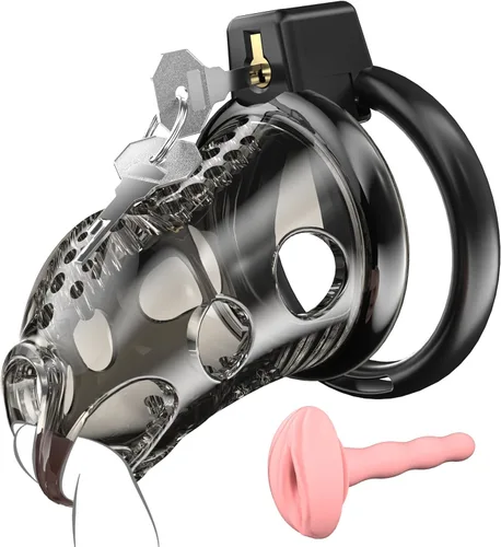 Miniatura 7 de Jaula de castidad masculina – Jaula de pene negra ligera con parte delantera de plástico suave y anillos de 6 tamaños, cómodo dispositivo