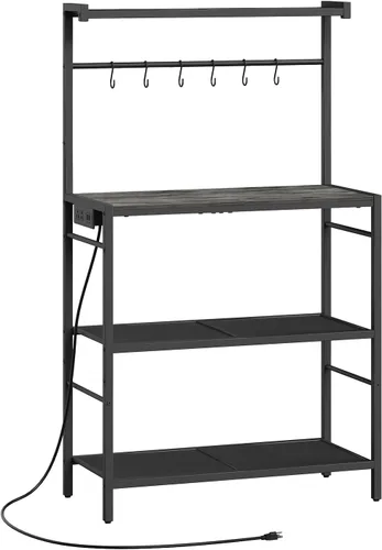 Miniatura 11 de MAHANCRIS Estante de panadería con toma de corriente, estante de almacenamiento para cocina con 6 ganchos, soporte para microondas