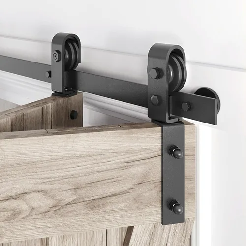 Miniatura 13 de Kit de riel de herrajes para puerta corrediza de granero plegable de 70 pulgadas, rodillo en forma de J negro montado en el lateral, suave y Negro-J