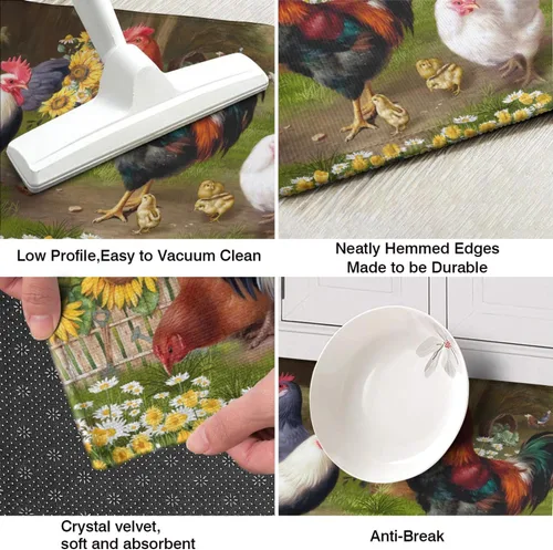 Miniatura 4 de Juego de 2 alfombras de cocina con temática de gallo, decoración de granja, tapetes absorbentes y antideslizantes, lavables, decoración de girasol