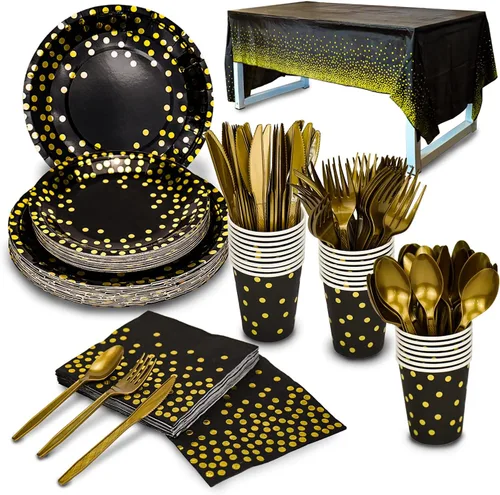 Juego de vajilla desechable dorada de 176 piezas y vajilla de fiesta desechable con lunares dorados, platos de papel negro, servilletas, vasos,