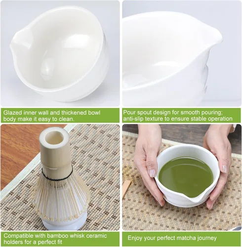 Miniatura 2 de Juego de batidor de matcha, juego de 6 piezas con cuchara de matcha de bambú y tamiz de acero inoxidable/cuenco de cerámica con boquilla