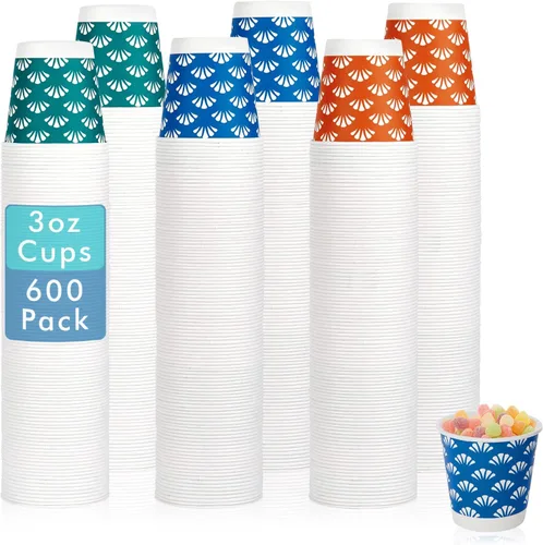 JollyPack Paquete de 600 unidades de tazas de papel desechables para baño de 3 onzas, pequeñas tazas de enjuague bucal en naranja, azul y verde,