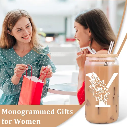 Miniatura 3 de Taza de Vidrio Inicial Coolife, Regalos Personalizados con Monograma para Mujeres, Tazas de Vidrio de 16 oz con Tapas y Popotes, Taza de Café