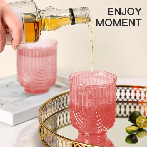 Miniatura 6 de JOVGANK Juego de vasos de bebida vintage rosados de 6 a 14 onzas, vasos de vidrio rosa art déco, vasos de cóctel de whisky, para bar, jugo de café