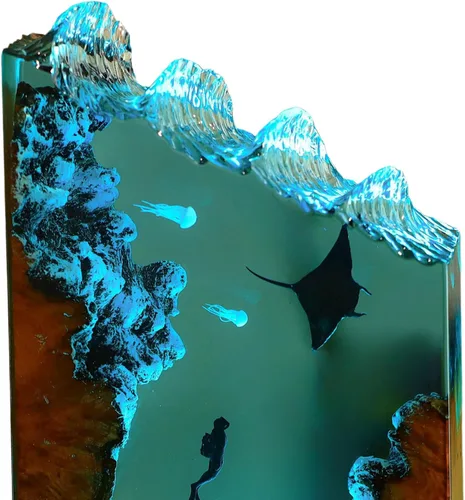 Miniatura 2 de Manta Ray and Diver - Lámpara de madera de resina para buceo, lámpara de mar azul profundo, diorama con temática oceánica, lámpara de océano