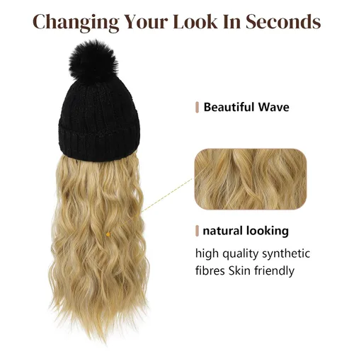 Miniatura 2 de Flufymooz Gorro con peluca, extensión de pelo con gorro de piel sintética con pompón largo ondulado rizado, peluca con gorro adjunto de 20 pulgadas