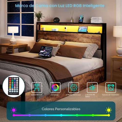 Miniatura 3 de SADENICEL Base de cama de tamaño matrimonial con almacenamiento, plataforma de cama de madera LED con cabecero, 4 cajones, estación de carga,
