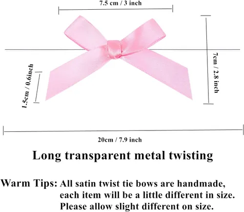Miniatura 2 de 100 lazos rosados de 3 pulgadas para bolsas de golosinas, lazos de satén torcido, lazos preatados con alambre, lazos de cinta con lazos giratorios