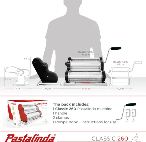 Miniatura 4 de PASTALINDA Máquina para hacer pasta Classic 260, rodillos de 10.2 in de ancho, 9 posiciones de grosor, 2 posiciones de corte, acero inoxidable. Negro