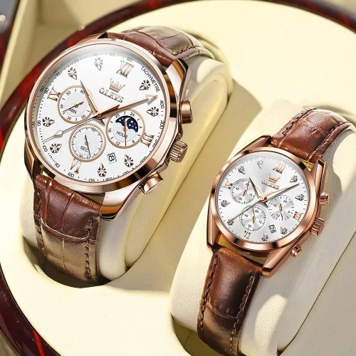 Miniatura 9 de OLEVS Juego de 2 relojes de cuarzo para parejas de San Valentín, para él y ella, cronógrafo de cuero, con diamantes para hombres, mujeres, amantes