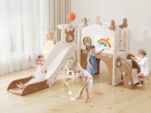 Miniatura 9 de XJD Tobogán infantil 12 en 1 para niños pequeños de 1 a 3 años, nueva actualización con juego de golf, aro de baloncesto, tabla de dibujo para juego