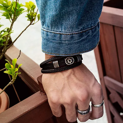 Miniatura 6 de Vanski - Pulsera de cuero trenzado multicapa de acero inoxidable diseño de estrella de David