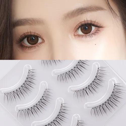 Miniatura 3 de Pestañas postizas de aspecto natural, 4 pares de pestañas cortas naturales, suaves, ligeras, cómodas, de lujo, banda transparente, hechas a mano