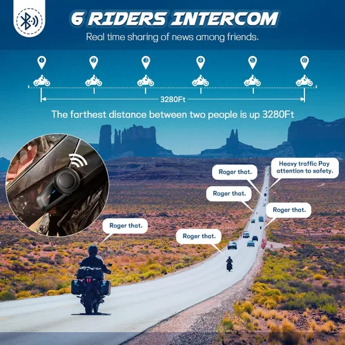 Miniatura 3 de MAXTO Auriculares Bluetooth M2 para motocicleta, casco de motocicleta Bluetooth 5.0, 6 vías 3280 pies, sistema de comunicación de intercomunicación
