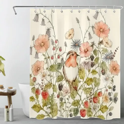 Floral Shower Curtain Watercolor Flower Plant Leaves Strawberry on Beige Shower Curtains Aesthetic Botanical Birds Bathroom Curtain 60x70 Inch