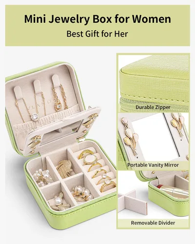 Miniatura 3 de Vlando Pequeño organizador de joyero de viaje Anillo de regalo para mujer, aretes, collares, vitrina de almacenamiento para niñas, color verde
