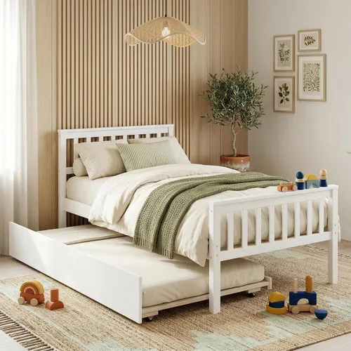 Miniatura 10 de VECELO Twin Size Platform Bed with Trundle, Solid Wood Twin Bed Frame with Slat Support, 400lbs+200lbs Weight Capacity, No Box Spring Needed