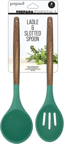 Miniatura 4 de Prepara Juego de 2 cucharones de sopa y cuchara ranurada de acacia y silicona, color verde espuma de mar