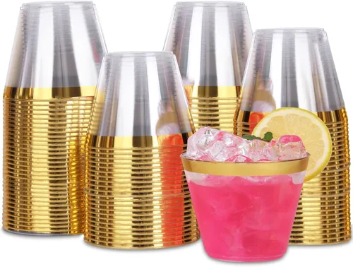 Tobvory Paquete de 100 vasos de plástico con borde dorado, vasos de plástico duro transparente de 9 onzas, vasos desechables de alta calidad para