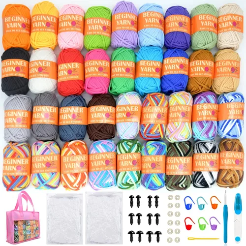Miniatura 11 de 24 Pack de Hilo de Ganchillo para Principiantes Azul Rosa Púrpura Marrón Arcoíris de Algodón para Tejer y Ganchillo con Puntos Fáciles de Ver Kit