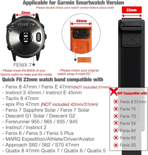 Miniatura 2 de Abanen Correas de reloj de nailon resistentes de ajuste rápido de 0.866 in para Garmin Fenix 8 1.850 in/epix Pro 1.850 in/Fenix 7/6/5, correa