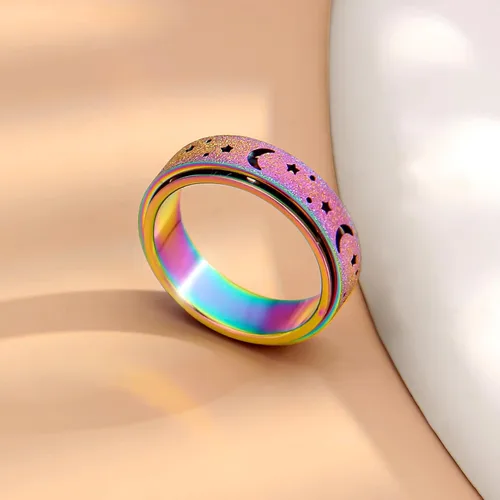 Miniatura 5 de Anillo de ansiedad para mujer, anillos giratorios: anillos giratorios de acero inoxidable de 0.236 pulgadas (0.236 in) con luna y estrella