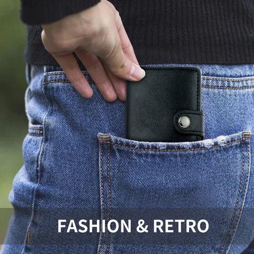 Miniatura 7 de Cartera RFID de cuero auténtico con bloqueo de señales RFID, de estilo vintage, bloqueo de aluminio, Azul rey, negro), MEETO