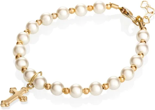 Miniatura 4 de Bautizo Cuentas rellenas de oro de 14 quilates Perlas de imitación europeas crema Pulsera de bebé de lujo con dije de cruz Pulsera unisex