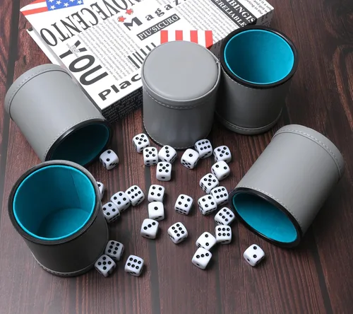 Miniatura 4 de Paquete de 5 dados de piel sintética con forro de fieltro silencioso con 30 dados de puntos para juegos de dados Yahtzee Farkle, gris