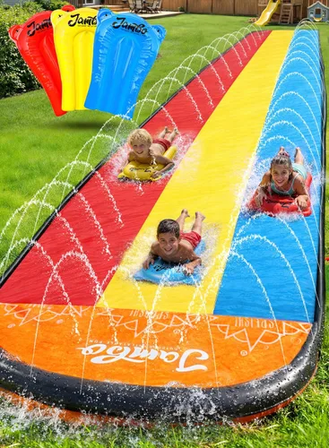 JAMBO 18 pies de triple carril deslizante, con 3 tablas de surf con rociador envolvente incorporado para diversión acuática al aire libre en el