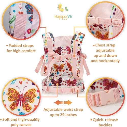 Miniatura 4 de HappyVk Portabebés para muñecas de juguete, portador delantero y trasero para niñas pequeñas, accesorios de muñeca mariposa