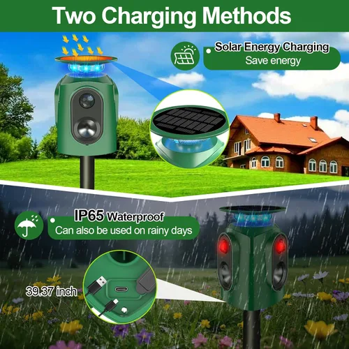 Miniatura 7 de Repelente ultrasónico de animales para exteriores – Repelente de gatos y disuasorio de ciervos con sensor PIR y alimentado por energía solar